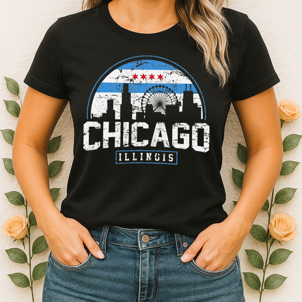 Chicago Illinois Flag Vintage Skyline Womens T-Shirt