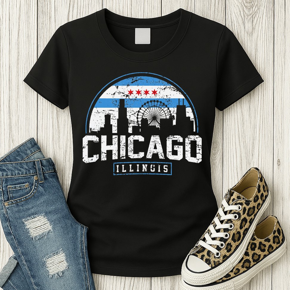 Chicago Illinois Flag Vintage Skyline Womens T-Shirt