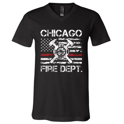 Chicago Illinois Fire Department Thin Red Line Fireman V-Neck T-Shirt