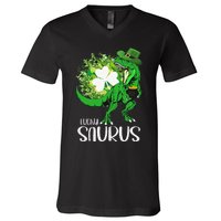 Clover Irish Flag Coins St Patricks Day Lucky Saurus V-Neck T-Shirt