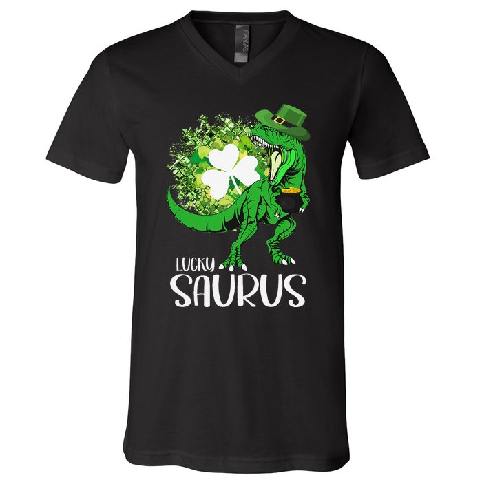 Clover Irish Flag Coins St Patricks Day Lucky Saurus V-Neck T-Shirt