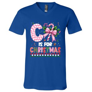 C Is For Christmas Xmas Coquette Bow Santa Cute Gift V-Neck T-Shirt