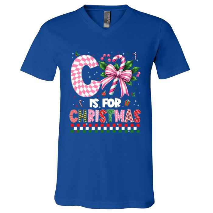 C Is For Christmas Xmas Coquette Bow Santa Cute Gift V-Neck T-Shirt