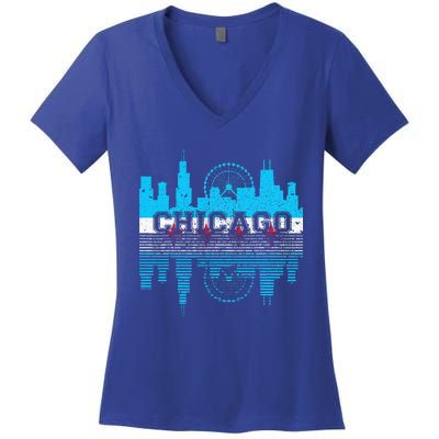 Chicago Illinois Flag City Skyline Chi Town Pride City Flag Women's V-Neck T-Shirt