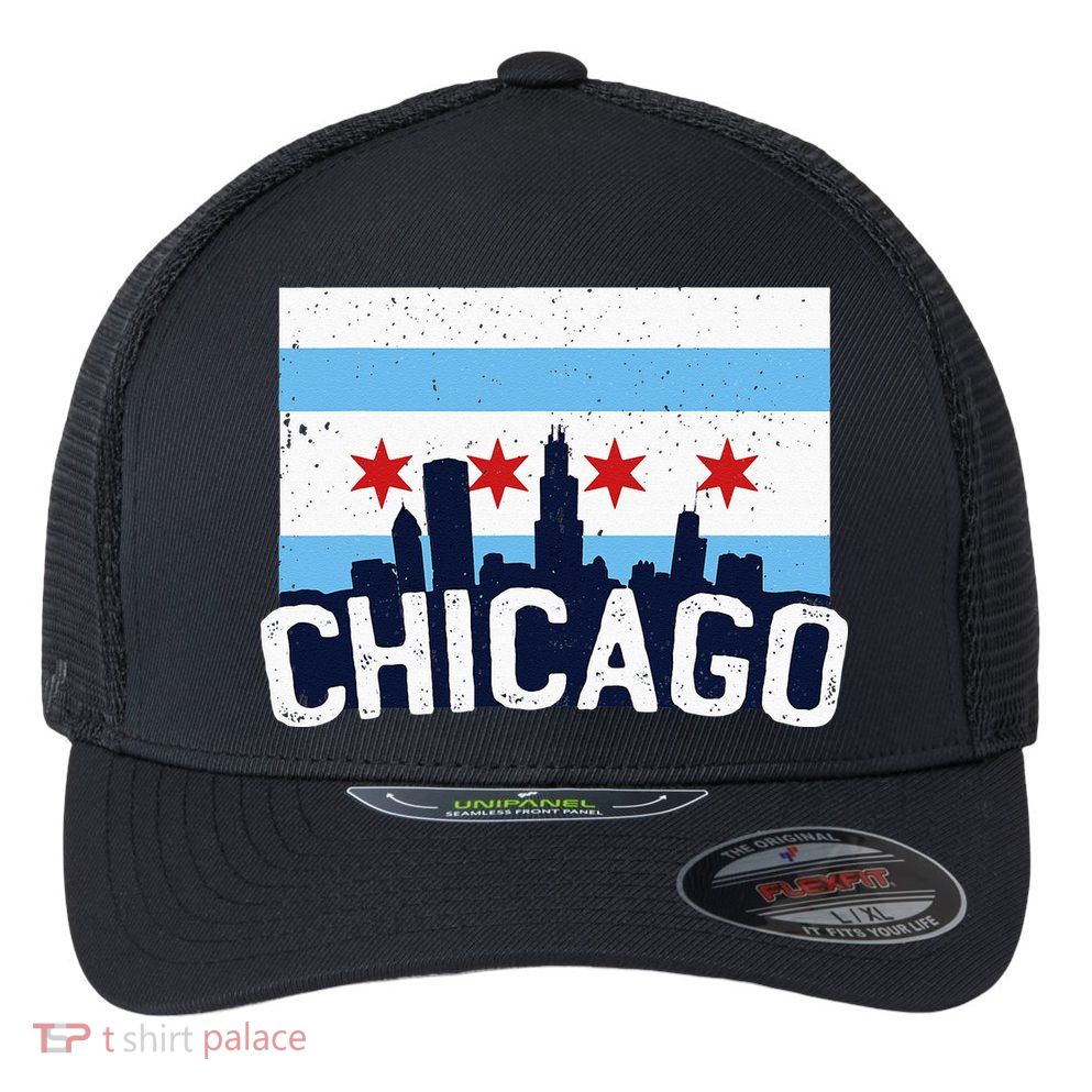 Chicago Illinois Flag City Skyline Chi Town Pride City Flag Flexfit Unipanel Trucker Cap