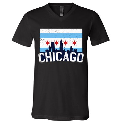 Chicago Illinois Flag City Skyline Chi Town Pride City Flag V-Neck T-Shirt