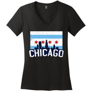 Chicago Illinois Flag City Skyline Chi Town Pride City Flag Women's V-Neck T-Shirt