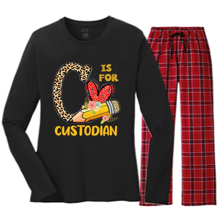 C Is For Custodian Appreciation Women's Long Sleeve Flannel Pajama Set 