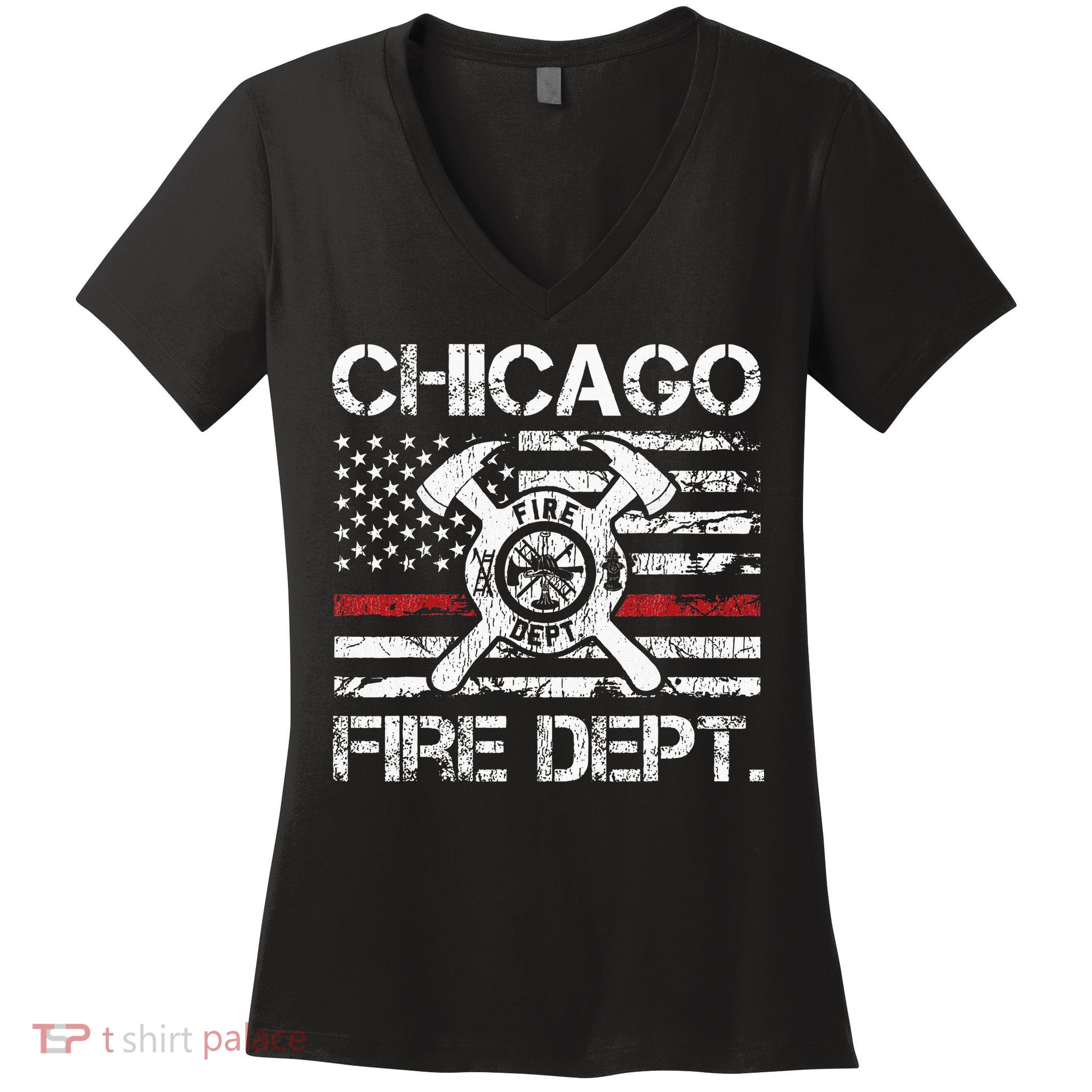 Chicago Illinois Fire Department Thin Red Line Fireman Women's V-Neck T-Shirt