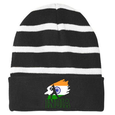 Cricket India Flag Patriotic Player Coach Gift Striped Beanie with Solid Band