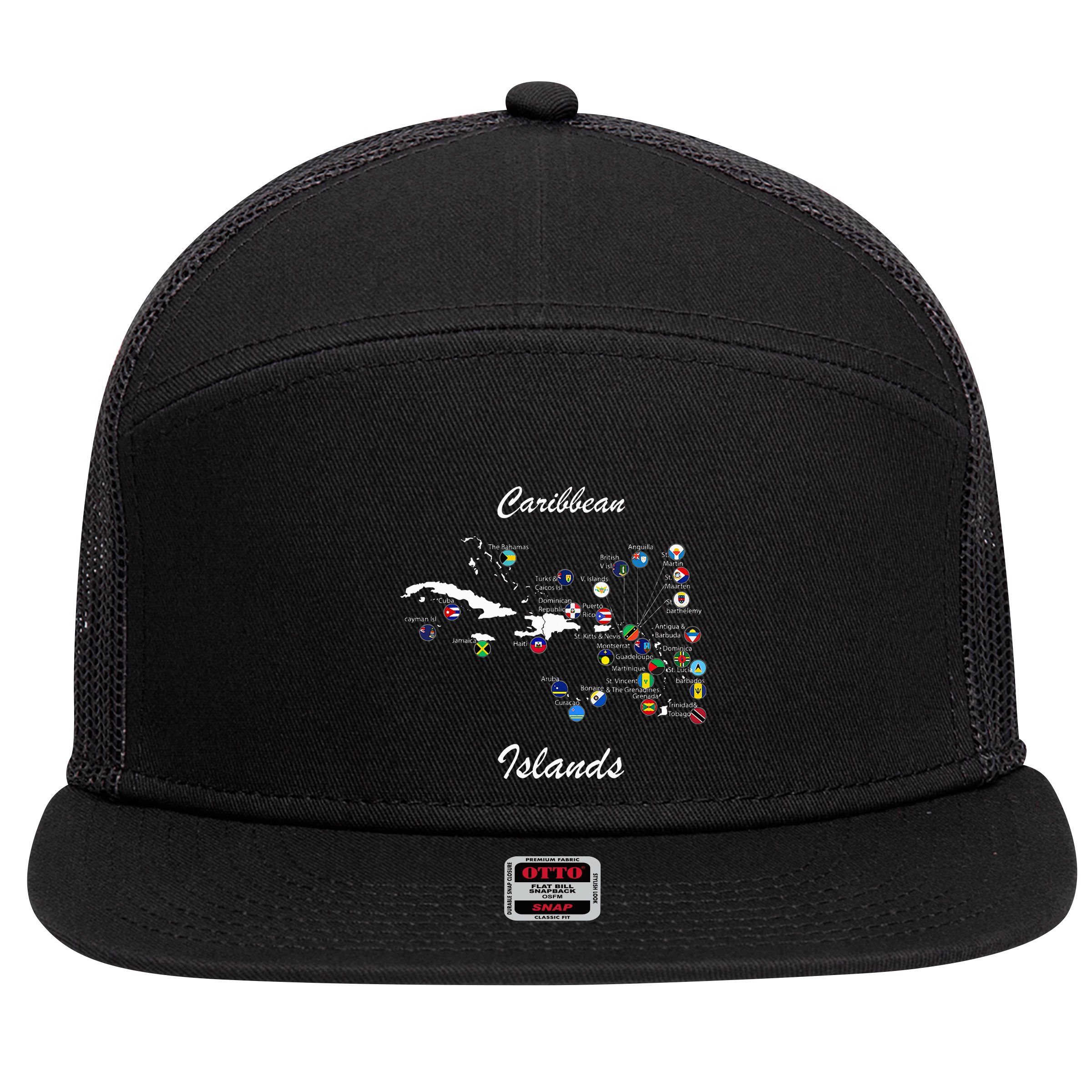 Caribbean Islands Flags And Map Caribbean Sea Vacations 7 Panel Mesh Trucker Snapback Hat