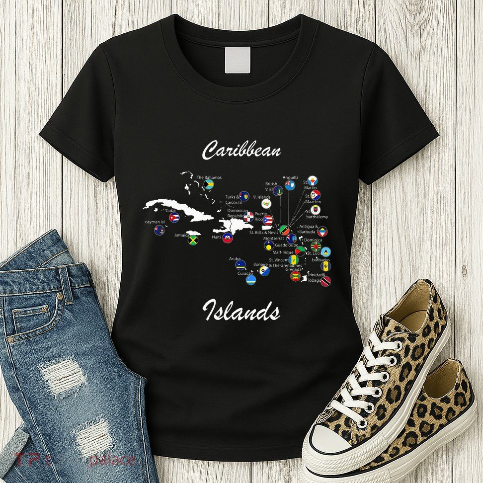 Caribbean Islands Flags And Map Caribbean Sea Vacations Womens T-Shirt