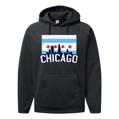 Chicago Illinois Flag City Skyline Chi Town Pride City Flag Performance Fleece Hoodie