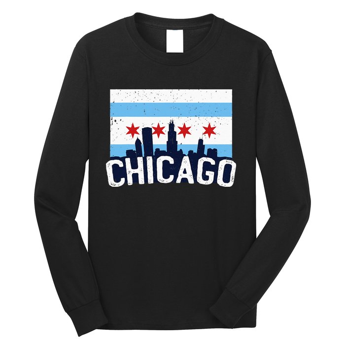 Chicago Illinois Flag City Skyline Chi Town Pride City Flag Long Sleeve Shirt