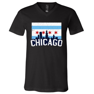 Chicago Illinois Flag City Skyline Chi Town Pride City Flag V-Neck T-Shirt