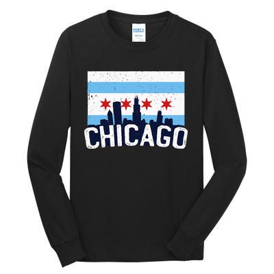 Chicago Illinois Flag City Skyline Chi Town Pride City Flag Tall Long Sleeve T-Shirt