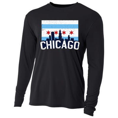 Chicago Illinois Flag City Skyline Chi Town Pride City Flag Cooling Performance Long Sleeve Crew