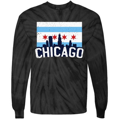 Chicago Illinois Flag City Skyline Chi Town Pride City Flag Tie-Dye Long Sleeve Shirt