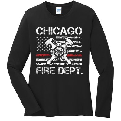 Chicago Illinois Fire Department Thin Red Line Fireman Ladies Long Sleeve Shirt