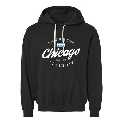 Chicago Illinois Flag Vintage Skyline Garment-Dyed Fleece Hoodie