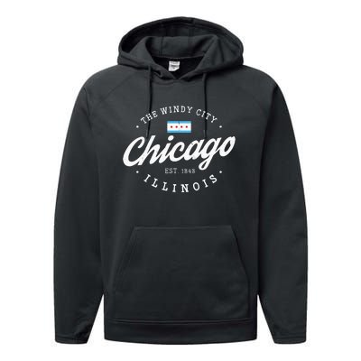 Chicago Illinois Flag Vintage Skyline Performance Fleece Hoodie