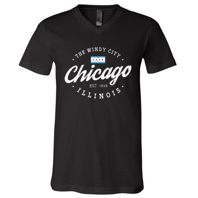 Chicago Illinois Flag Vintage Skyline V-Neck T-Shirt