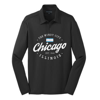 Chicago Illinois Flag Vintage Skyline Silk Touch Performance Long Sleeve Polo