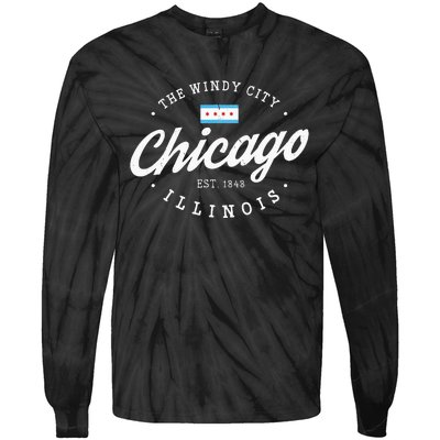 Chicago Illinois Flag Vintage Skyline Tie-Dye Long Sleeve Shirt