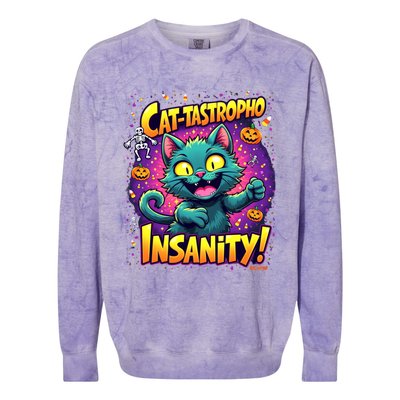 Cattastropho Insanity Funny Halloween Cat Party Costume Funny Gift Colorblast Crewneck Sweatshirt