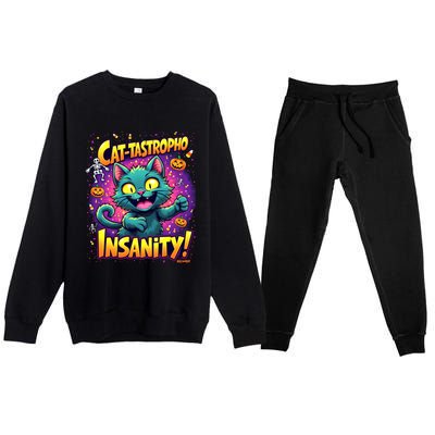 Cattastropho Insanity Funny Halloween Cat Party Costume Funny Gift Premium Crewneck Sweatsuit Set