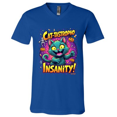 Cattastropho Insanity Funny Halloween Cat Party Costume Funny Gift V-Neck T-Shirt