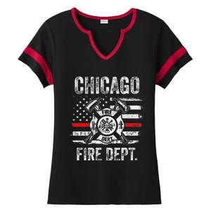 Chicago Illinois Fire Department Thin Red Line Fireman Ladies Halftime Notch Neck Tee