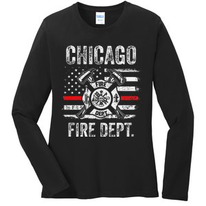 Chicago Illinois Fire Department Thin Red Line Fireman Ladies Long Sleeve Shirt