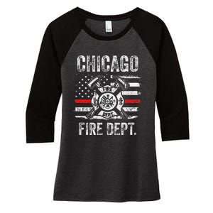 Chicago Illinois Fire Department Thin Red Line Fireman Women's Tri-Blend 3/4-Sleeve Raglan Shirt