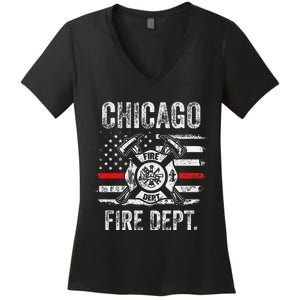 Chicago Illinois Fire Department Thin Red Line Fireman Women's V-Neck T-Shirt