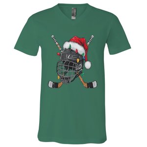 Christmas Ice Hockey Helmet Santa Xmas V-Neck T-Shirt