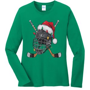 Christmas Ice Hockey Helmet Santa Xmas Ladies Long Sleeve Shirt