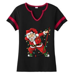 Christmas Ice Hockey Dabbing Santa Lights Xmas Hockey Player Gift Ladies Halftime Notch Neck Tee