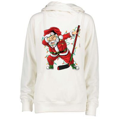 Christmas Ice Hockey Dabbing Santa Lights Xmas Hockey Player Gift Womens Funnel Neck Pullover Hood