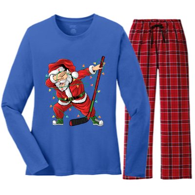 Christmas Ice Hockey Dabbing Santa Lights Xmas Hockey Player Gift Women's Long Sleeve Flannel Pajama Set 