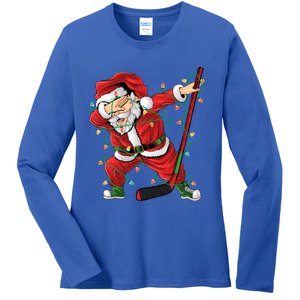 Christmas Ice Hockey Dabbing Santa Lights Xmas Hockey Player Gift Ladies Long Sleeve Shirt