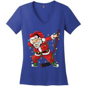 Christmas Ice Hockey Dabbing Santa Lights Xmas Hockey Player Gift Women's V-Neck T-Shirt