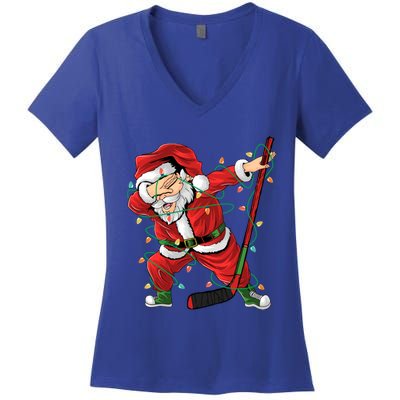 Christmas Ice Hockey Dabbing Santa Lights Xmas Hockey Player Gift Women's V-Neck T-Shirt