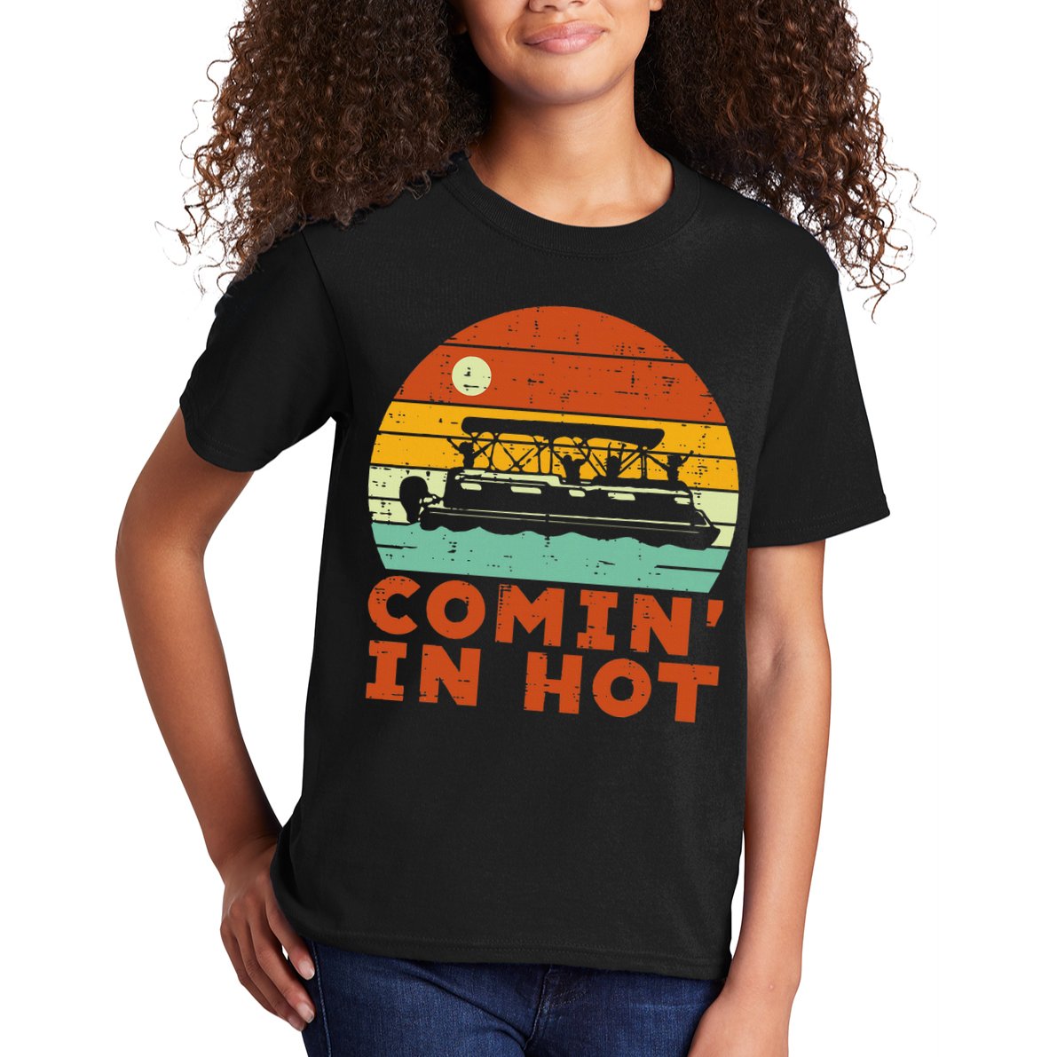 Comin In Hot Boat Pontoon Sunset Retro Captain Kids T-Shirt