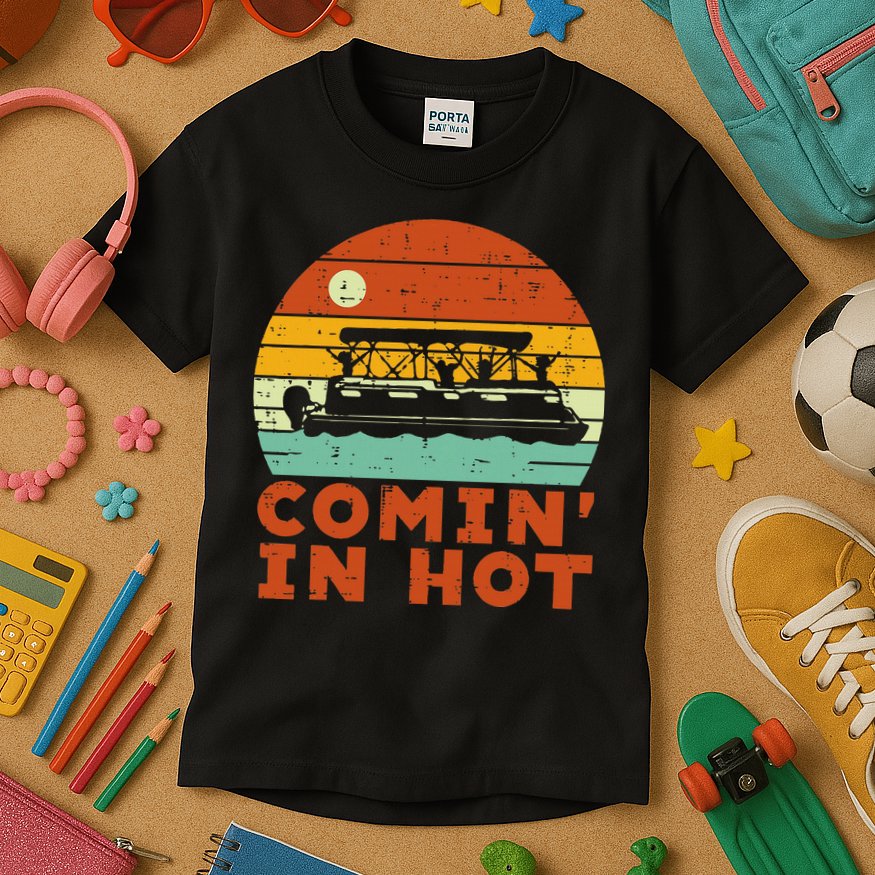 Comin In Hot Boat Pontoon Sunset Retro Captain Kids T-Shirt