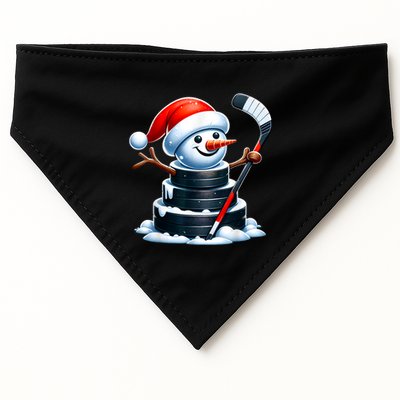 Cartoon Ice Hockey Puck Snowman With Santa Hat Christmas USA-Made Doggie Bandana