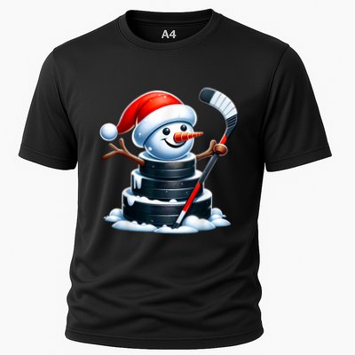 Cartoon Ice Hockey Puck Snowman With Santa Hat Christmas Performance Shirt