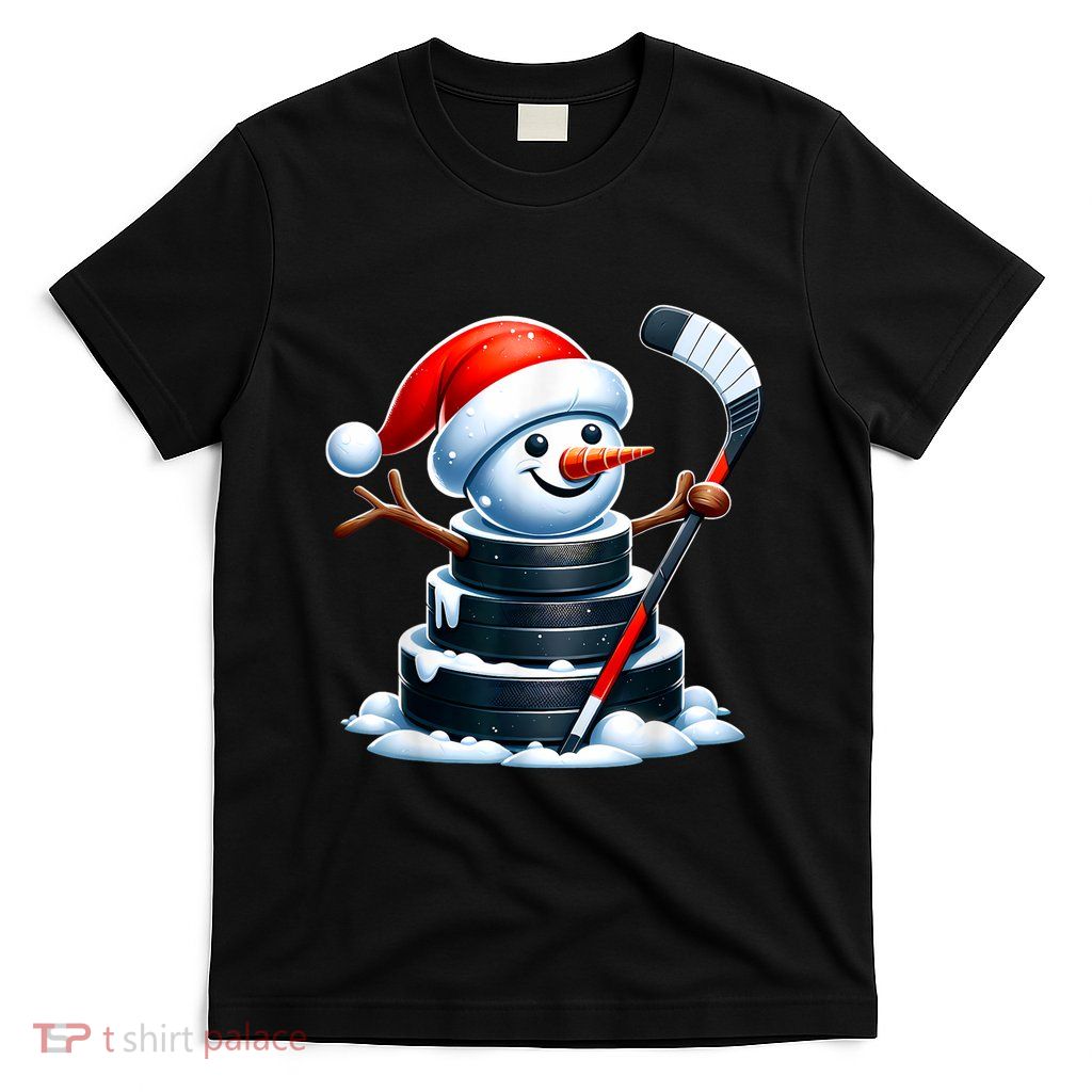 Cartoon Ice Hockey Puck Snowman With Santa Hat Christmas T-Shirt
