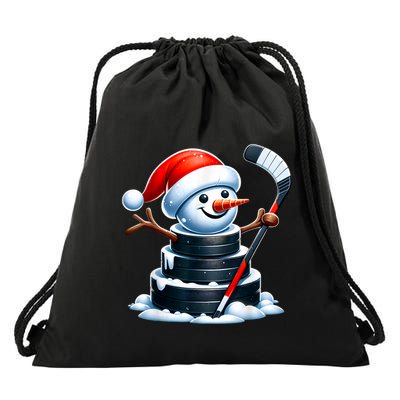 Cartoon Ice Hockey Puck Snowman With Santa Hat Christmas Drawstring Bag