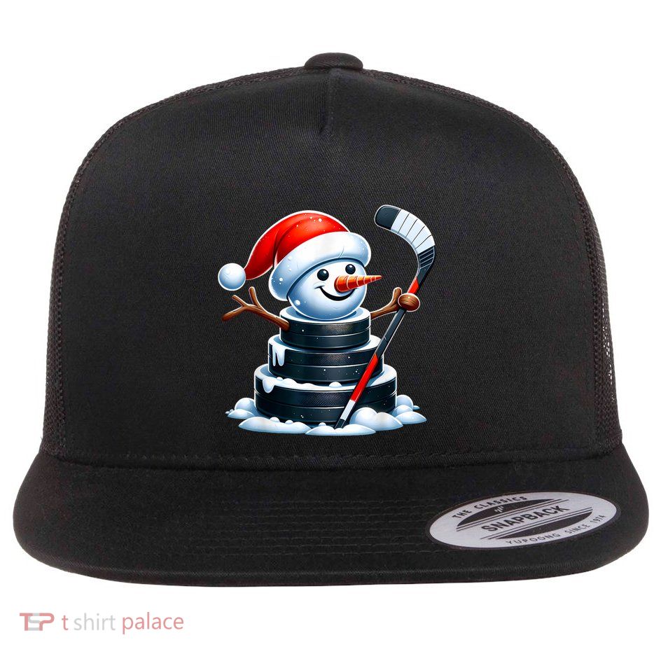 Cartoon Ice Hockey Puck Snowman With Santa Hat Christmas Flatbill Hat